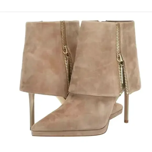 Steve Madden Renee Suede Foldover Pointed Toe Stiletto Booties | 9, Tan NEW - Picture 2 of 4